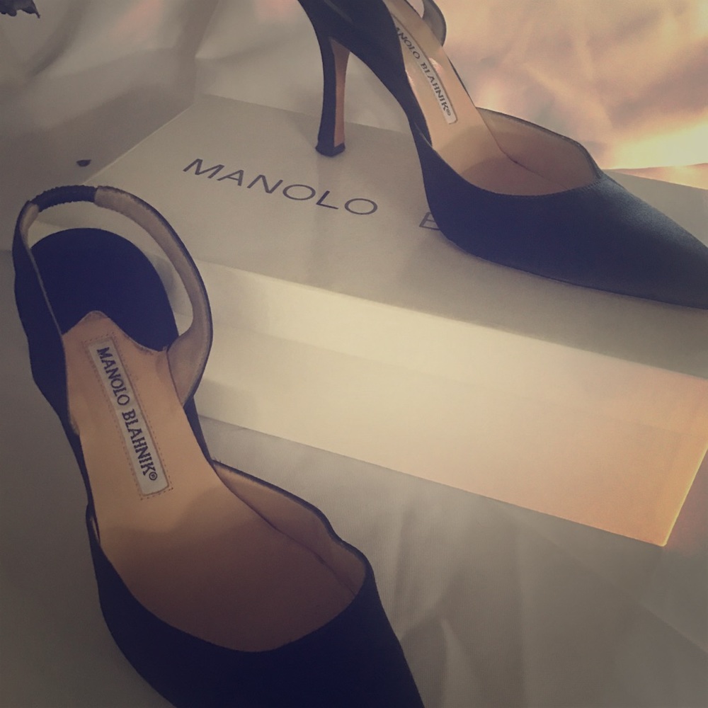 Manolo Blahnik Black Satin Kitten Heels